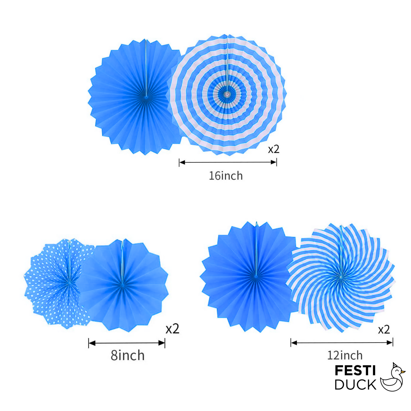 Festi Duck Blue Paper Fans Set (6 Pcs) - Elegant Decorative Fans for Weddings, Birthdays, Holidays, and Party Decor (Blue)