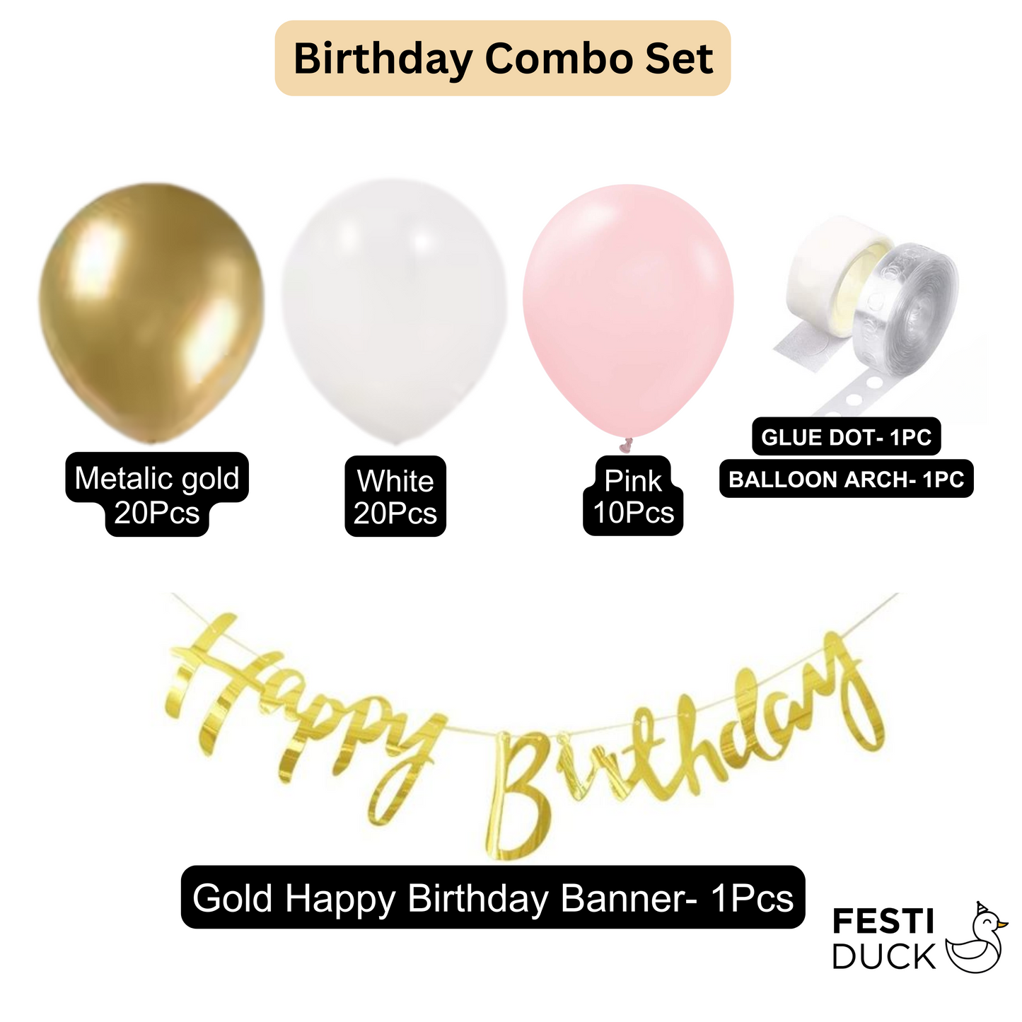 Festi Duck Birthday Balloon Combo Set (53 Pcs) – Metallic Gold, Pink & White Balloons with Happy Birthday Banner, Balloon Arch & Glue Dot for Stunning Party Decorations