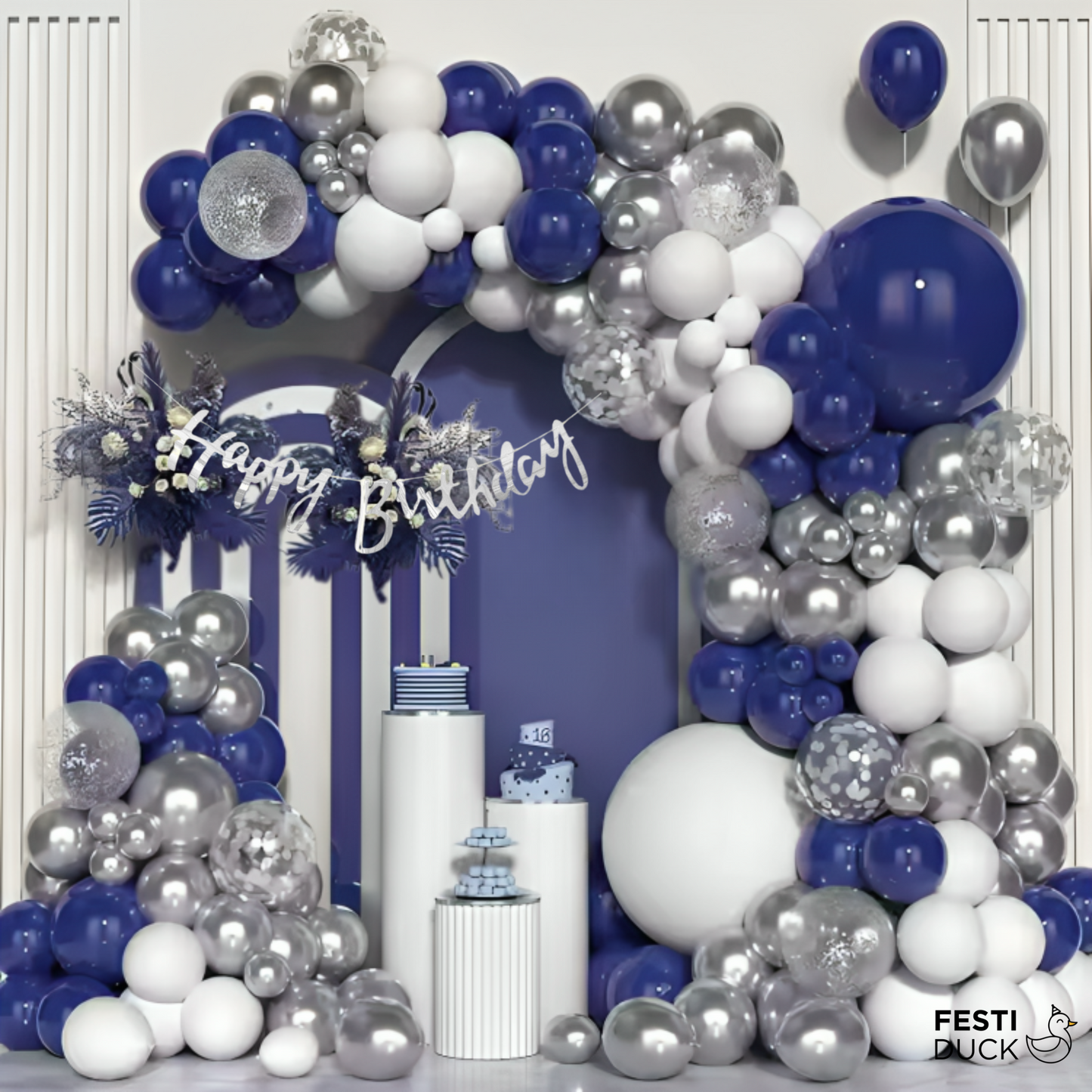Festi Duck Birthday Balloon Combo Set (100 Pcs) – Silver & Blue Balloons, Confetti Balloons, Happy Birthday Silver Banner, Balloon Arch & Glue Dot