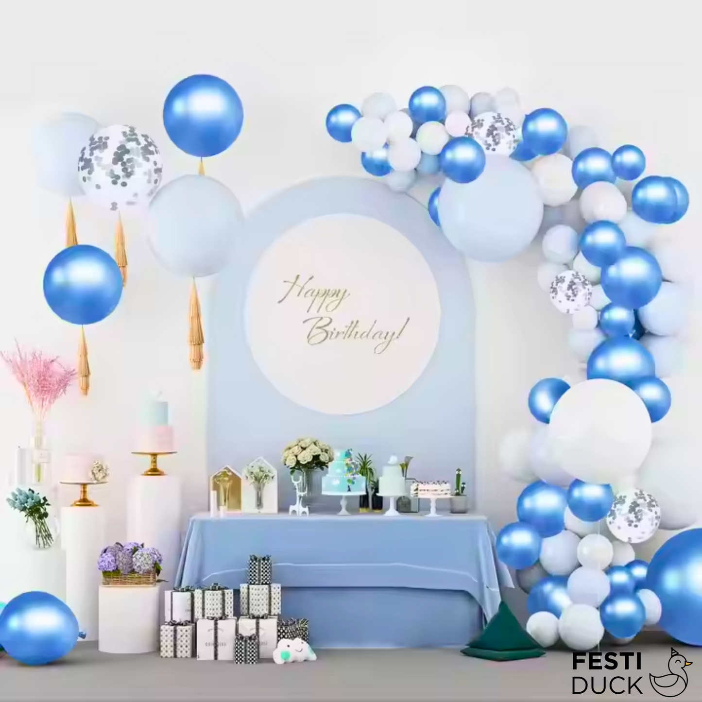 Festi Duck Birthday Balloon Combo Set (120 Pcs) – Silver & Blue Balloons, Confetti Balloons, Happy Birthday Silver Banner, Balloon Arch & Glue Dot