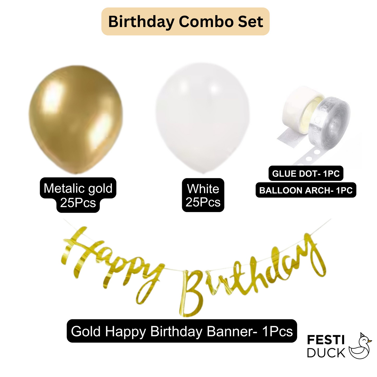 Festi Duck Birthday Balloon Combo Set (53 Pcs) – Gold & White Balloons with Happy Birthday Banner, Balloon Arch & Glue Dot for Stunning Party Decorations