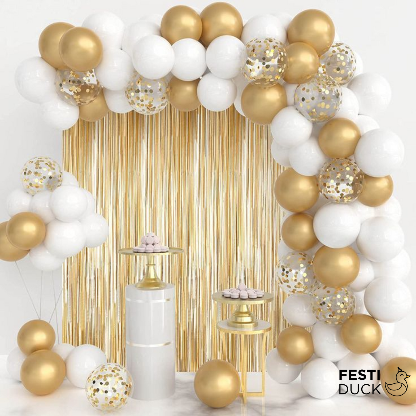 Festi Duck Balloon Combo Set (80 Pcs) – Gold & White Balloons with Confetti, Happy Birthday Banner, Balloon Arch & Glue Dots for Stunning Party Decor