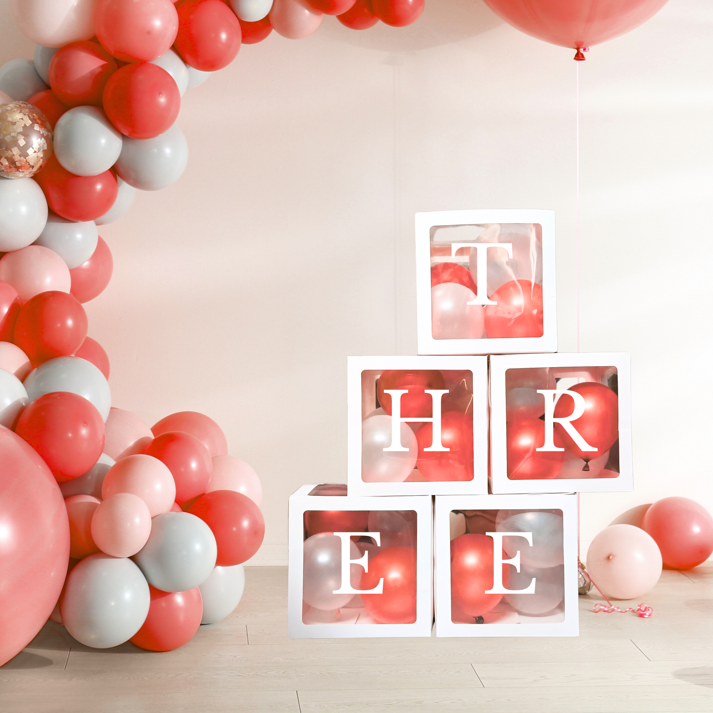 Festi Duck Pack of 5 Balloon Boxes - Transparent White Boxes with “T,” “H,” “R,” “R,” and “E” Letters & 24 Balloons (12 Blue & 12 White) for Elegant 3rd Birthday or Anniversary Décoration