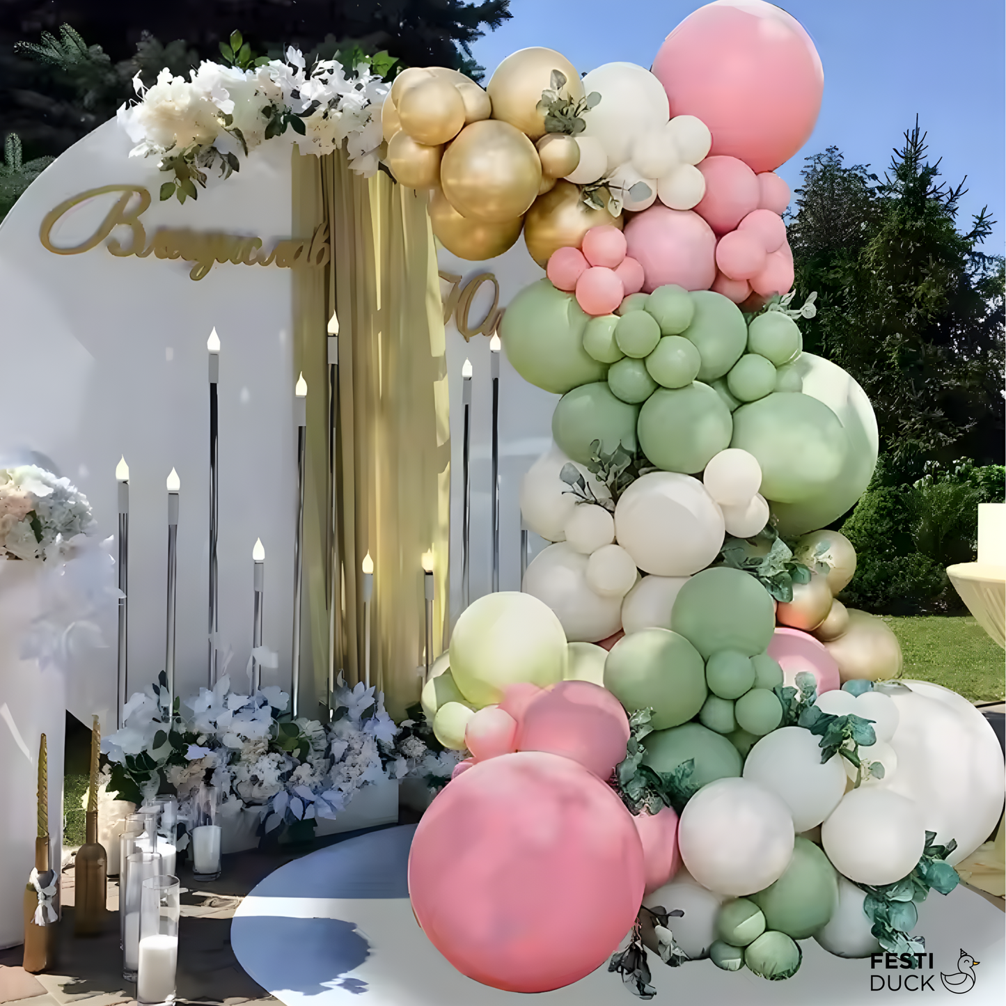 Festi Duck Birthday Balloon Combo Set (130 Pcs) – Gold Banner, Metallic Gold, Saga Green, Beige, Light Pink, White & Confetti Balloons with Arch & Glue Dots
