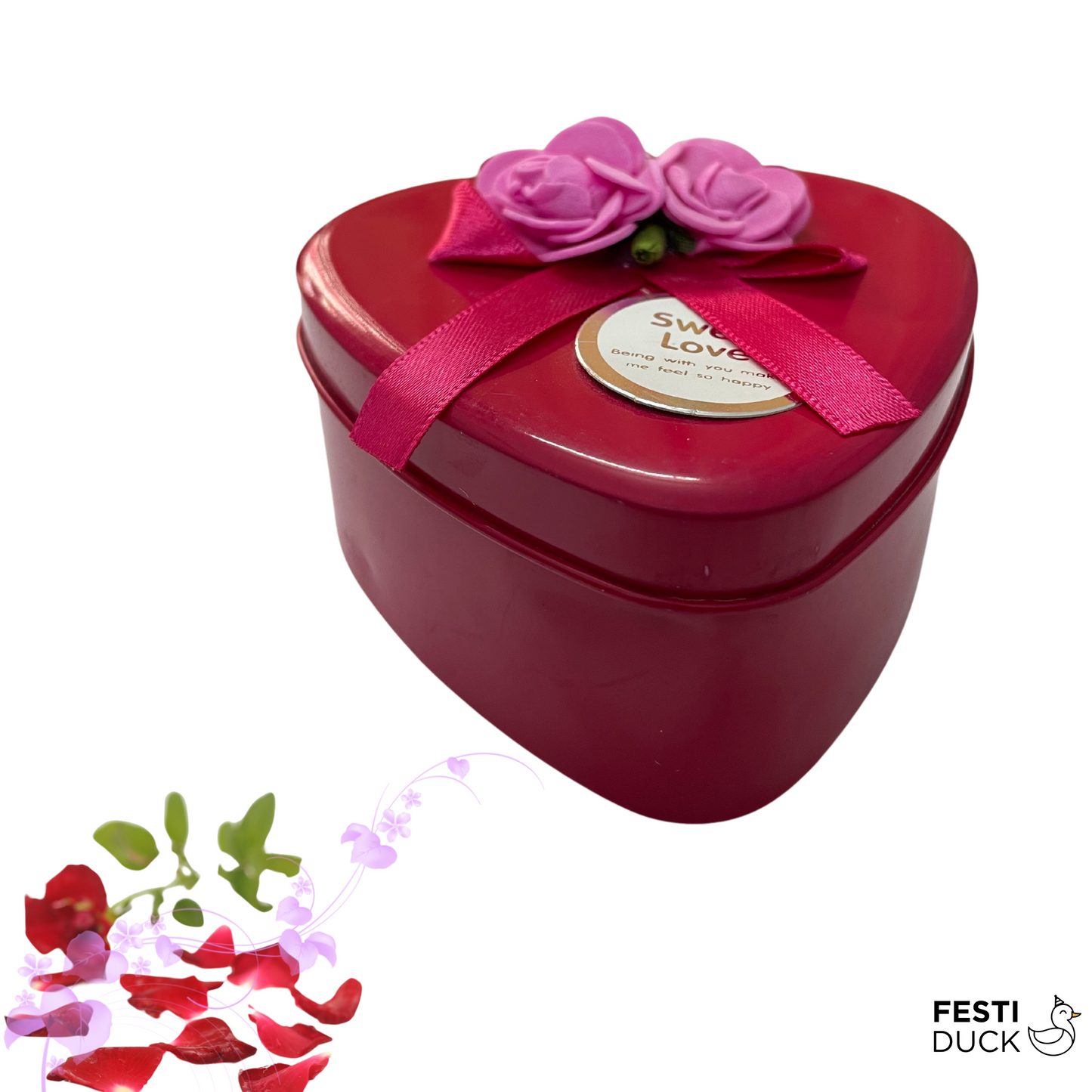 Red Heart-Shaped Gift Box with Pink Flowers
