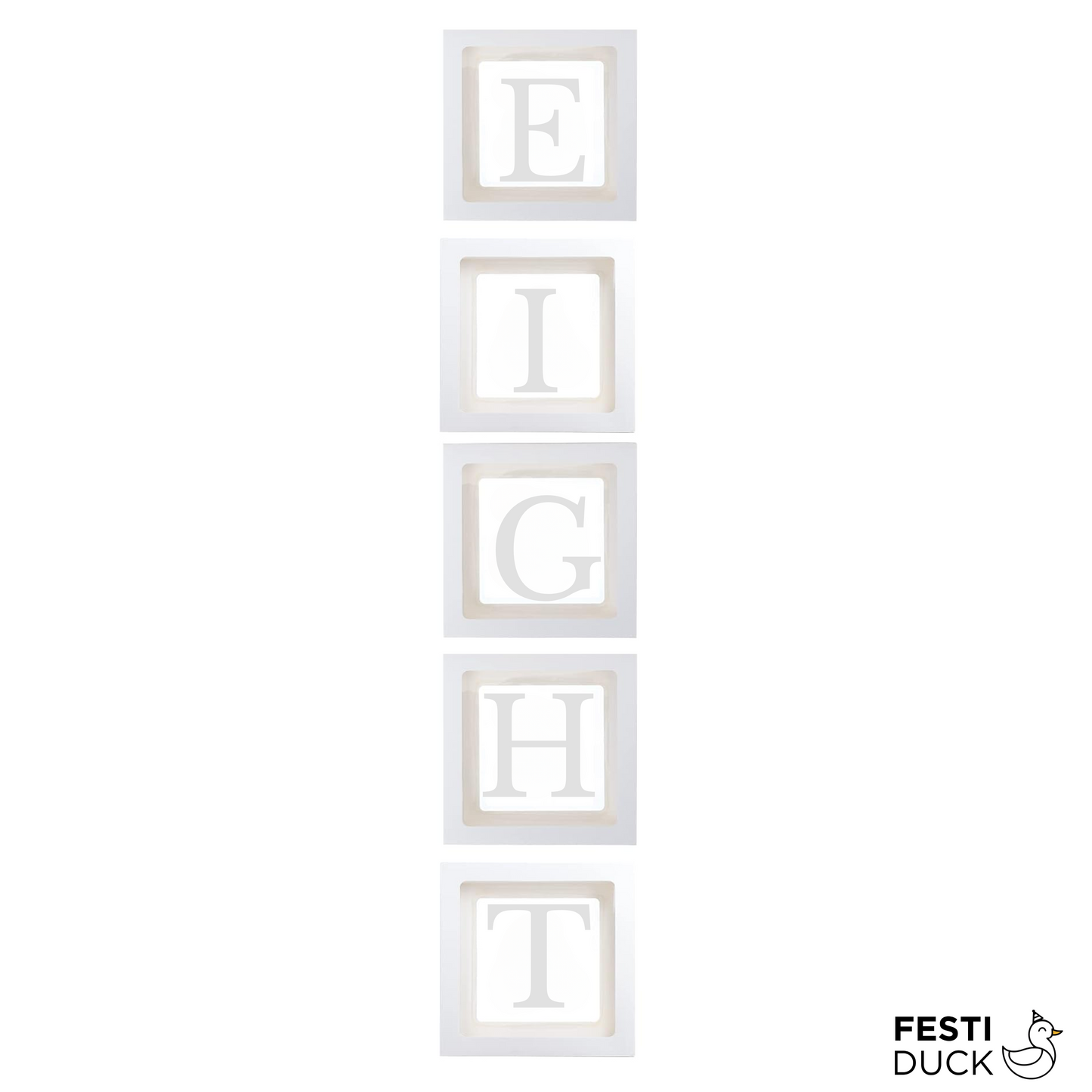 Festi Duck Pack of 5 Balloon Boxes - Transparent White Boxes with “E,” “I,” “G,” “H,” and “T” Letters for Elegant 8th Birthday or Anniversary Décor