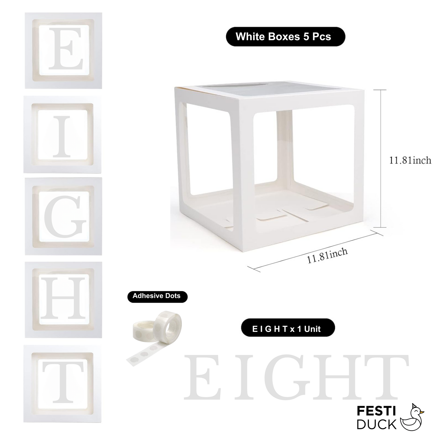 Festi Duck Pack of 5 Balloon Boxes - Transparent White Boxes with “E,” “I,” “G,” “H,” and “T” Letters for Elegant 8th Birthday or Anniversary Décor