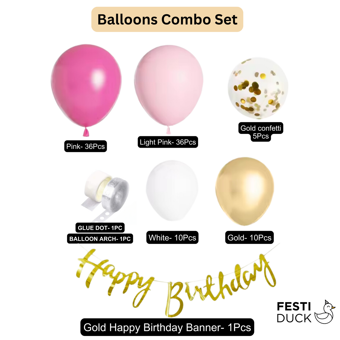 Festi Duck Birthday Balloon Combo Set (100 Pcs) – Gold & Pink Balloons, Confetti Balloons, Happy Birthday Banner, Balloon Arch & Glue Dot