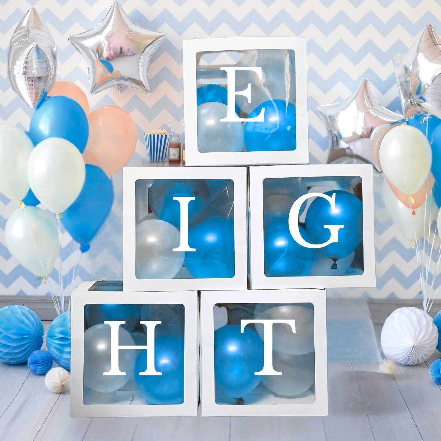 Festi Duck Pack of 5 Balloon Boxes - Transparent White Boxes with “E,” “I,” “G,” “H,” and “T” Letters for Elegant 8th Birthday or Anniversary Décor