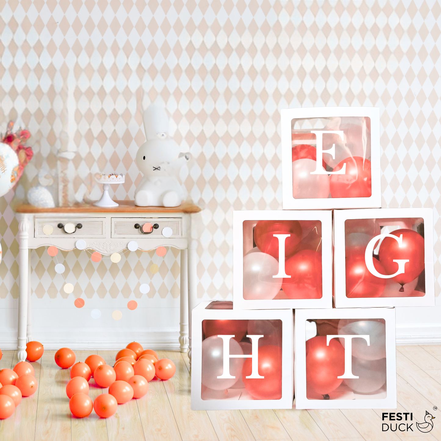 Festi Duck Pack of 5 Balloon Boxes - Transparent White Boxes with “E,” “I,” “G,” “H,” and “T” Letters for Elegant 8th Birthday or Anniversary Décor
