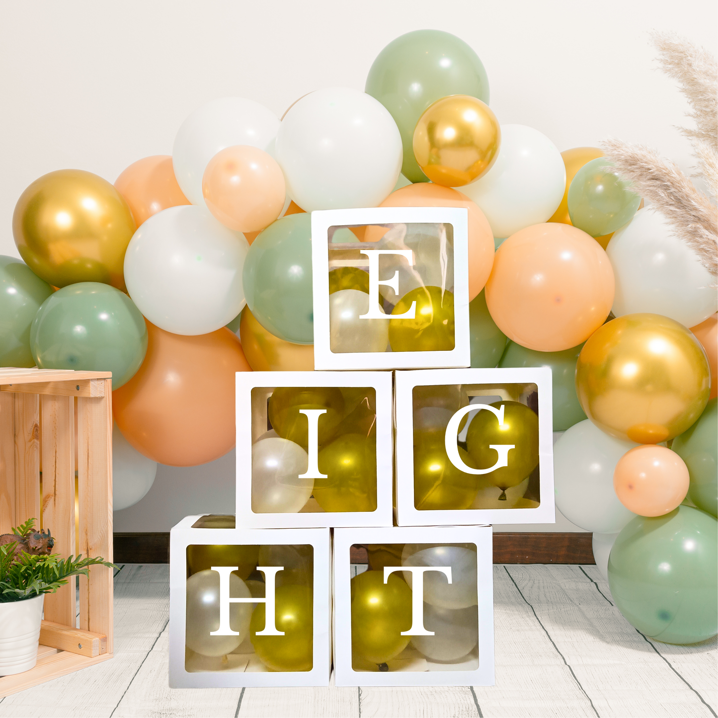 Festi Duck Pack of 5 Balloon Boxes - Transparent White Boxes with “E,” “I,” “G,” “H,” and “T” Letters for Elegant 8th Birthday or Anniversary Décor