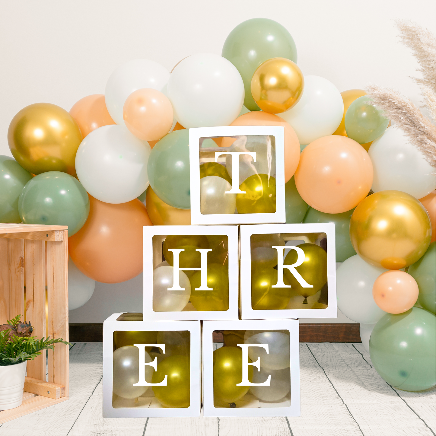 Festi Duck Pack of 5 Balloon Boxes - Transparent White Boxes with “T,” “H,” “R,” “R,” and “E” Letters & 24 Balloons (12 Blue & 12 White) for Elegant 3rd Birthday or Anniversary Décoration