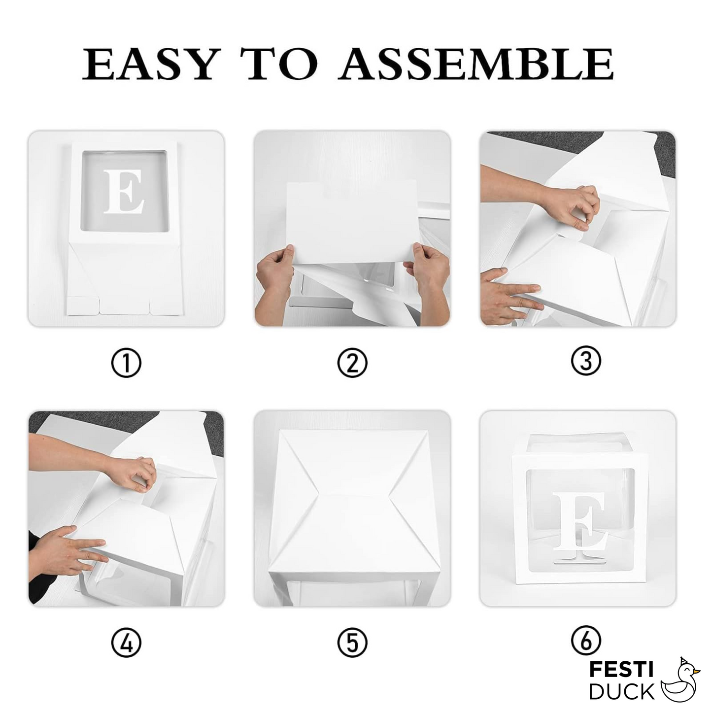 Festi Duck Pack of 5 Balloon Boxes - Transparent White Boxes with “T,” “H,” “R,” “R,” and “E” Letters & 24 Balloons (12 Blue & 12 White) for Elegant 3rd Birthday or Anniversary Décoration