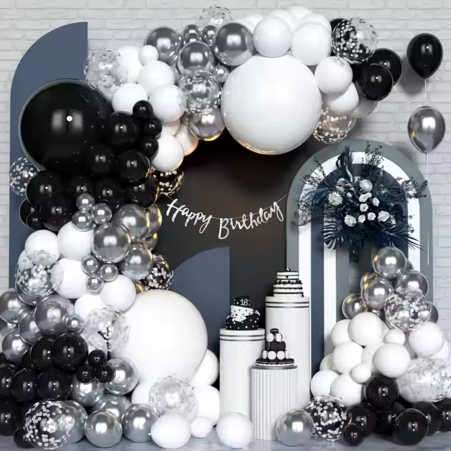 Festi Duck Birthday Balloon Combo Set (100 Pcs) – Black, White & Silver Balloons, Confetti Balloons, Happy Birthday silver Banner, Balloon Arch & Glue Dot