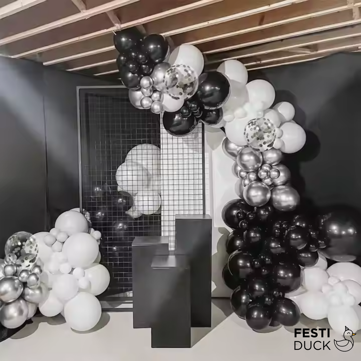 Festi Duck Birthday Balloon Combo Set (100 Pcs) – Black, White & Silver Balloons, Confetti Balloons, Happy Birthday silver Banner, Balloon Arch & Glue Dot