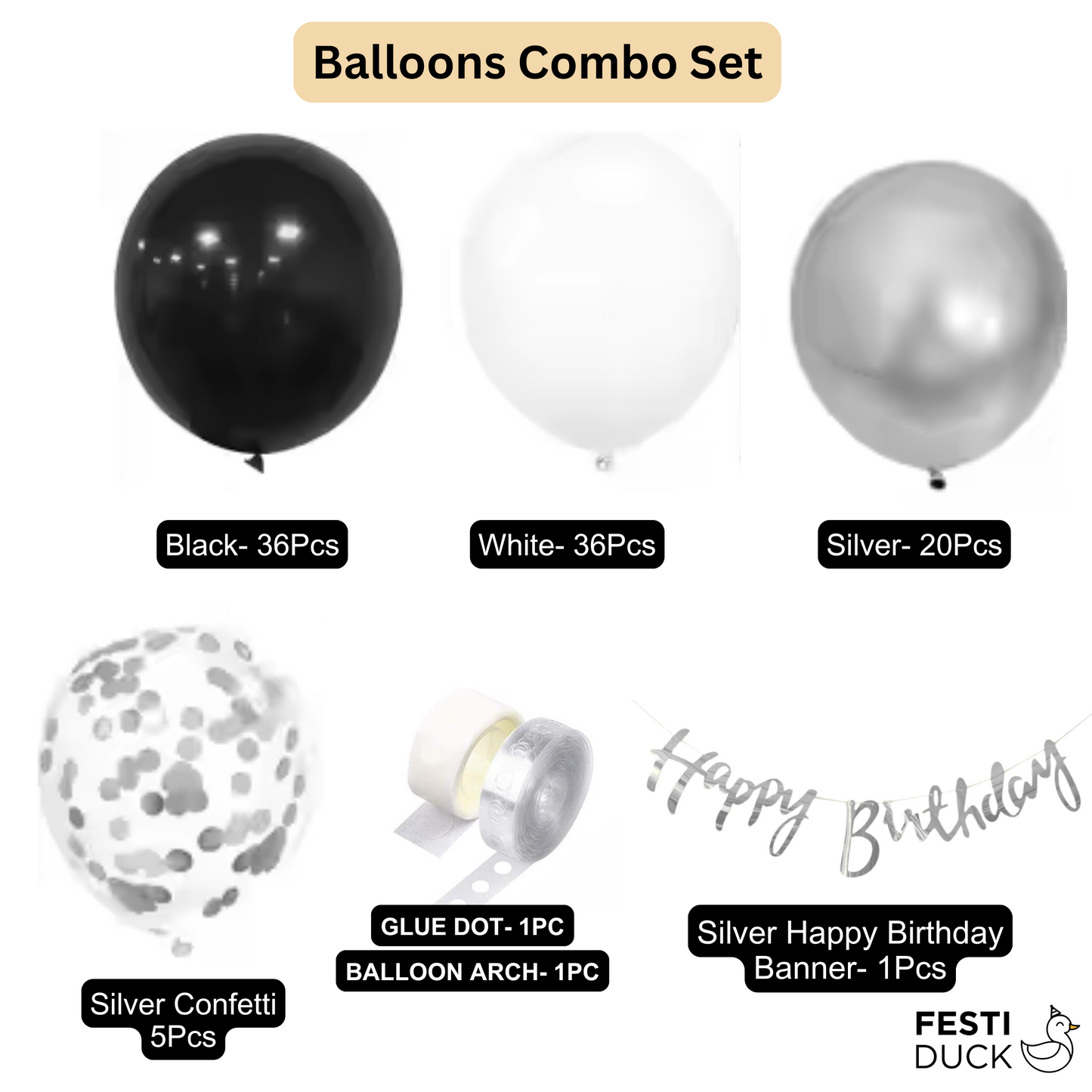 Festi Duck Birthday Balloon Combo Set (100 Pcs) – Black, White & Silver Balloons, Confetti Balloons, Happy Birthday silver Banner, Balloon Arch & Glue Dot