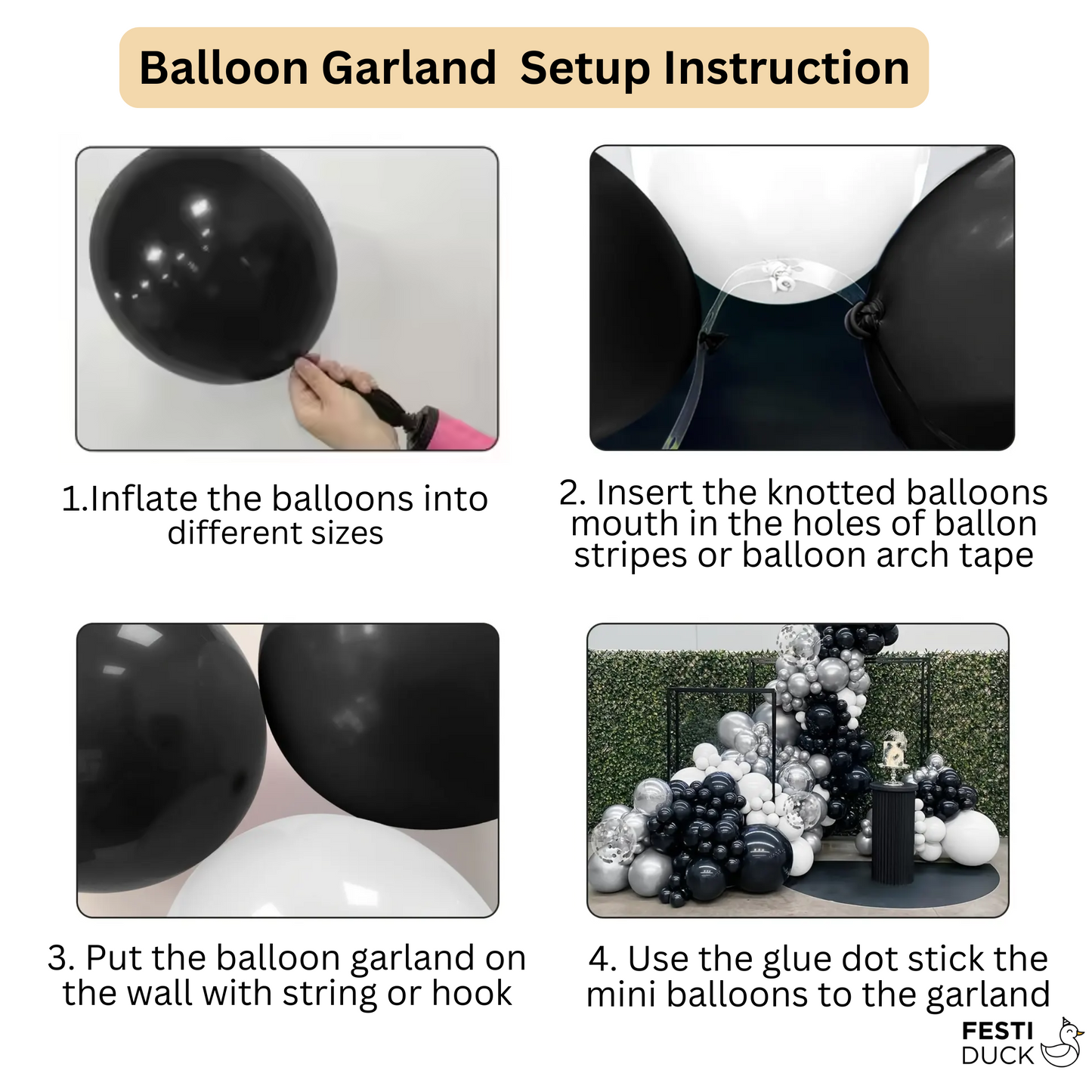 Festi Duck Birthday Balloon Combo Set (100 Pcs) – Black, White & Silver Balloons, Confetti Balloons, Happy Birthday silver Banner, Balloon Arch & Glue Dot