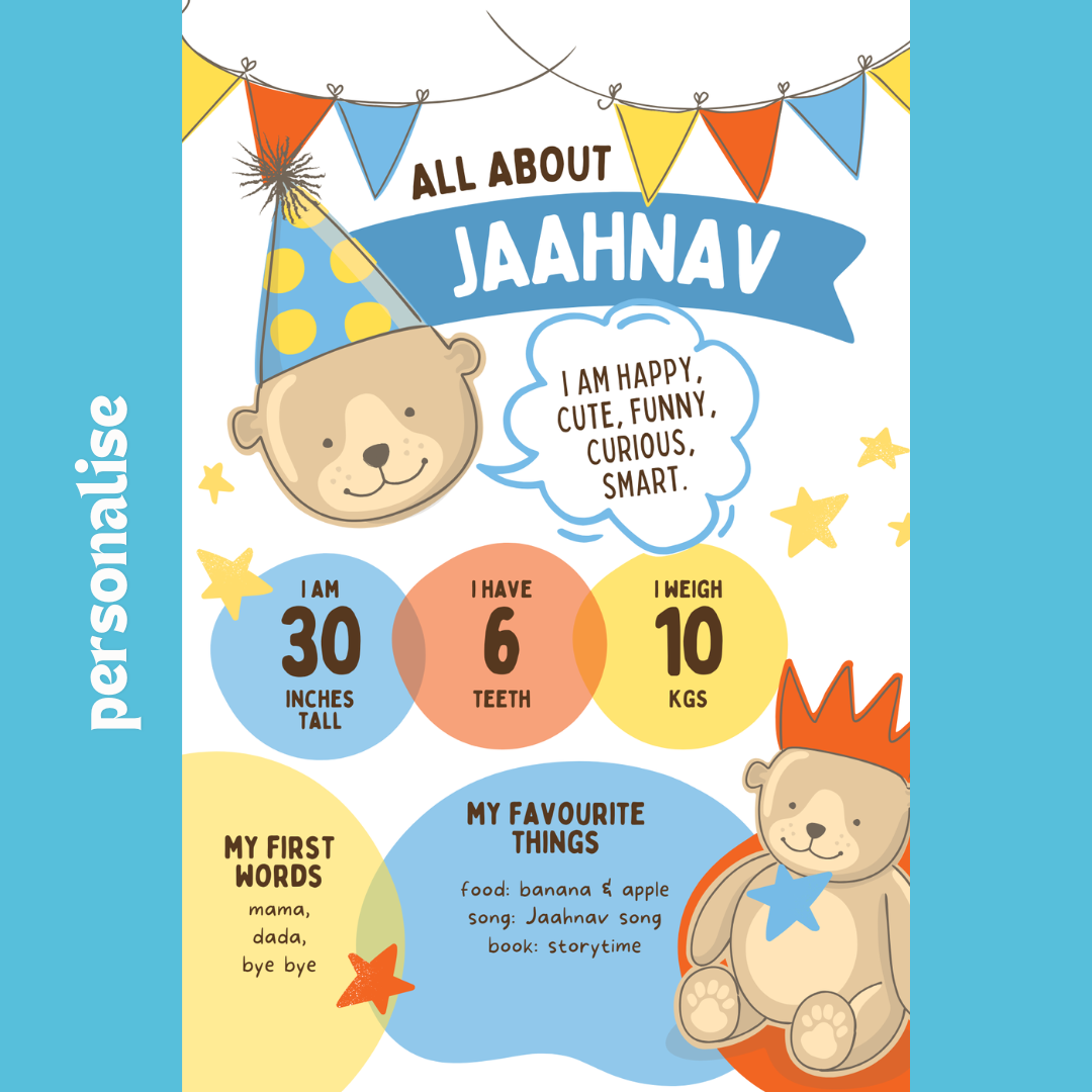 Personalised blue cute bear birthday welcome board