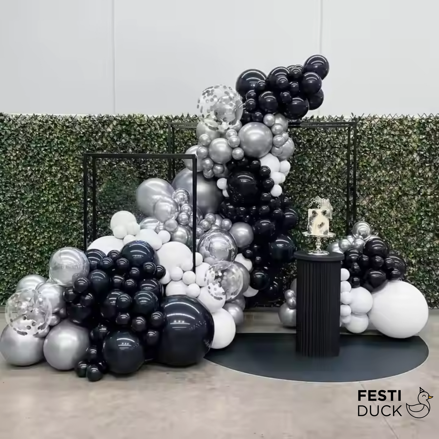 Festi Duck Birthday Balloon Combo Set (100 Pcs) – Black, White & Silver Balloons, Confetti Balloons, Happy Birthday silver Banner, Balloon Arch & Glue Dot