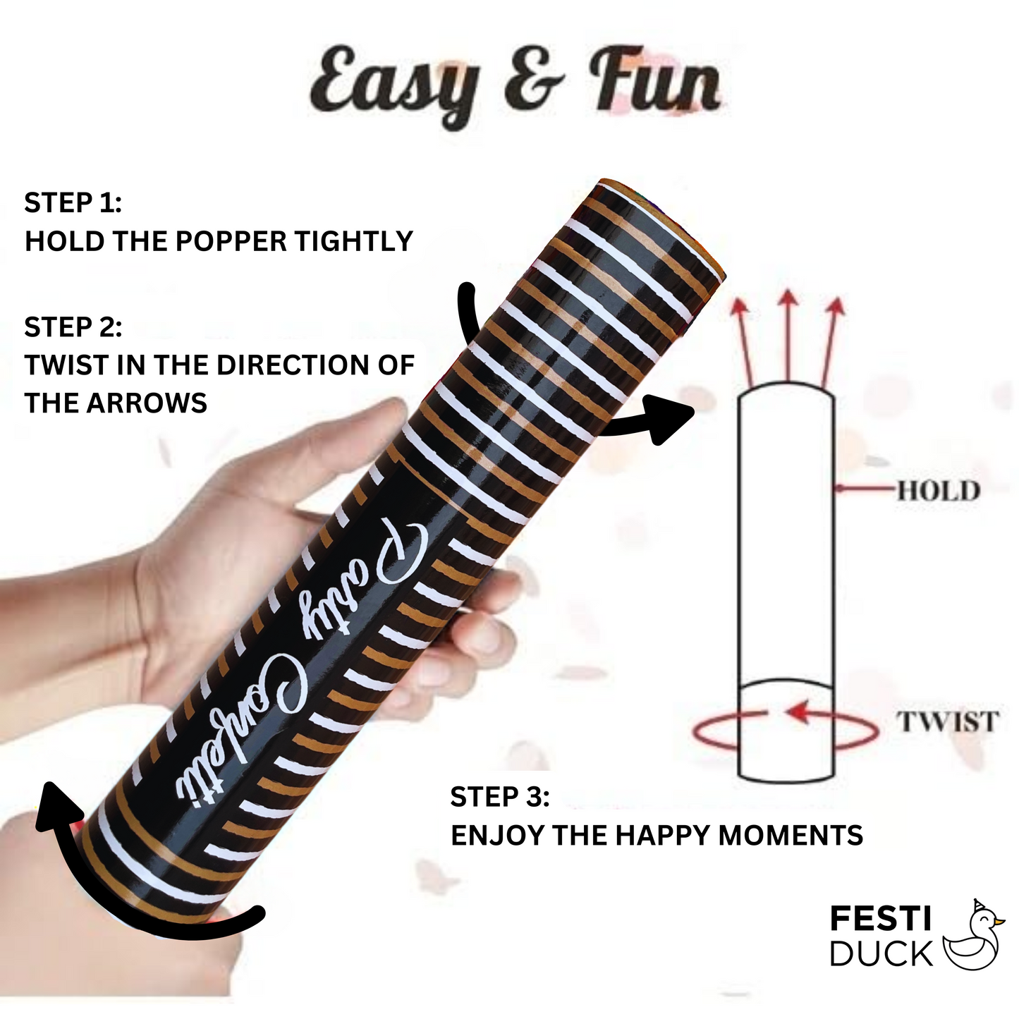 Festi Duck Confetti Poppers - 30cm Confetti Cannon with Multicolored Paper Confetti, Black and Brown Party Popper - Pack of 12