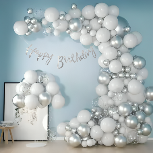 Festi Duck Birthday Balloon Combo Set (80 Pcs) – Silver Chrome, White & Silver Confetti Balloons, Happy Birthday Silver Banner, Balloon Arch & Glue Dot