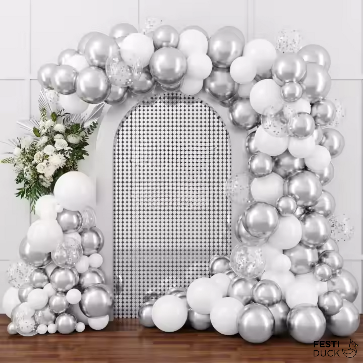 Festi Duck Birthday Balloon Combo Set (80 Pcs) – Silver Chrome, White & Silver Confetti Balloons, Happy Birthday Silver Banner, Balloon Arch & Glue Dot