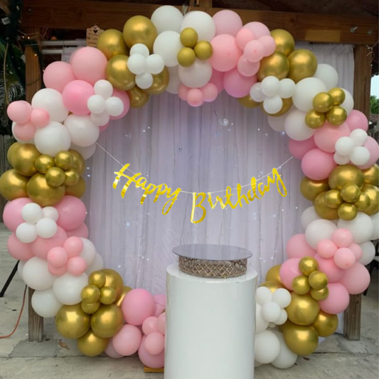 Festi Duck Birthday Balloon Combo Set (53 Pcs) – Metallic Gold, Pink & White Balloons with Happy Birthday Banner, Balloon Arch & Glue Dot for Stunning Party Decorations