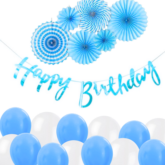 Festi Duck Blue Theme Birthday Decoration (38 pcs) Combo with Paper Fans - Elegant Happy Birthday Banner, Premium Paper Fans, Glue Dots & Metallic Blue and White Balloons