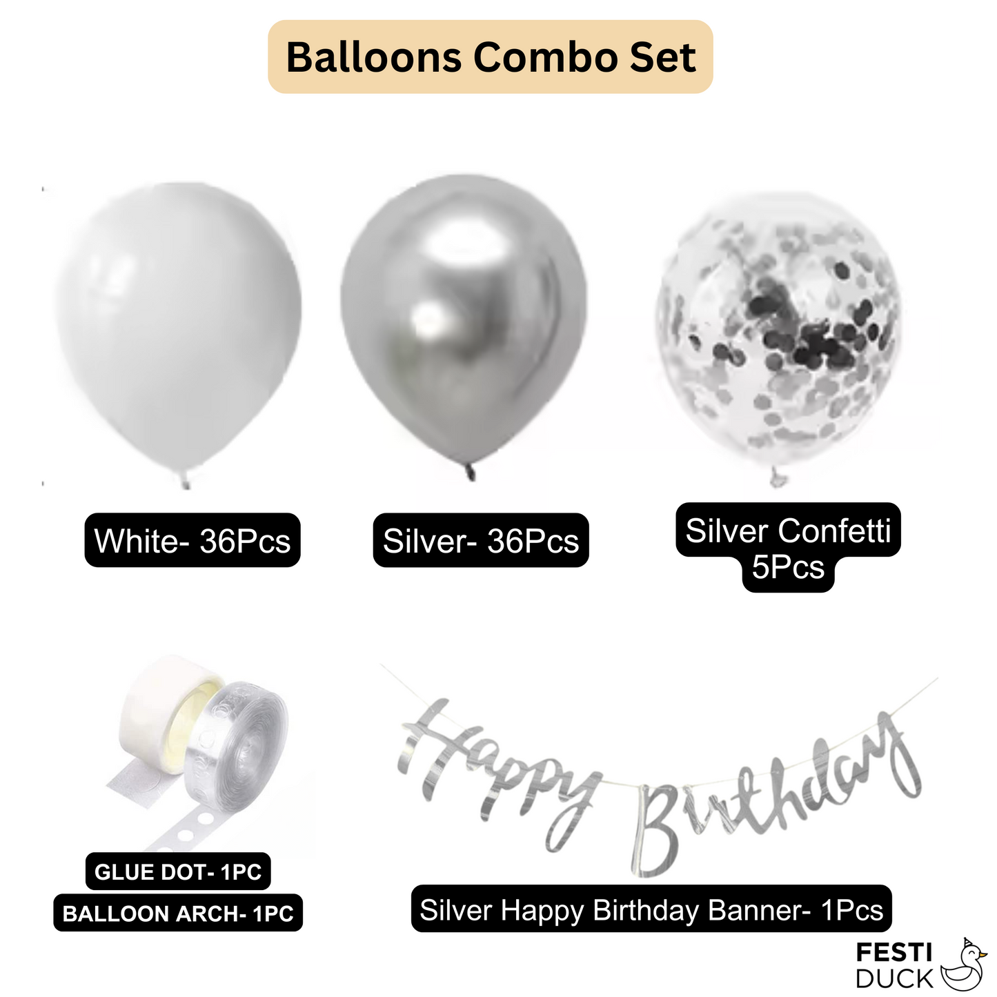 Festi Duck Birthday Balloon Combo Set (80 Pcs) – Silver Chrome, White & Silver Confetti Balloons, Happy Birthday Silver Banner, Balloon Arch & Glue Dot