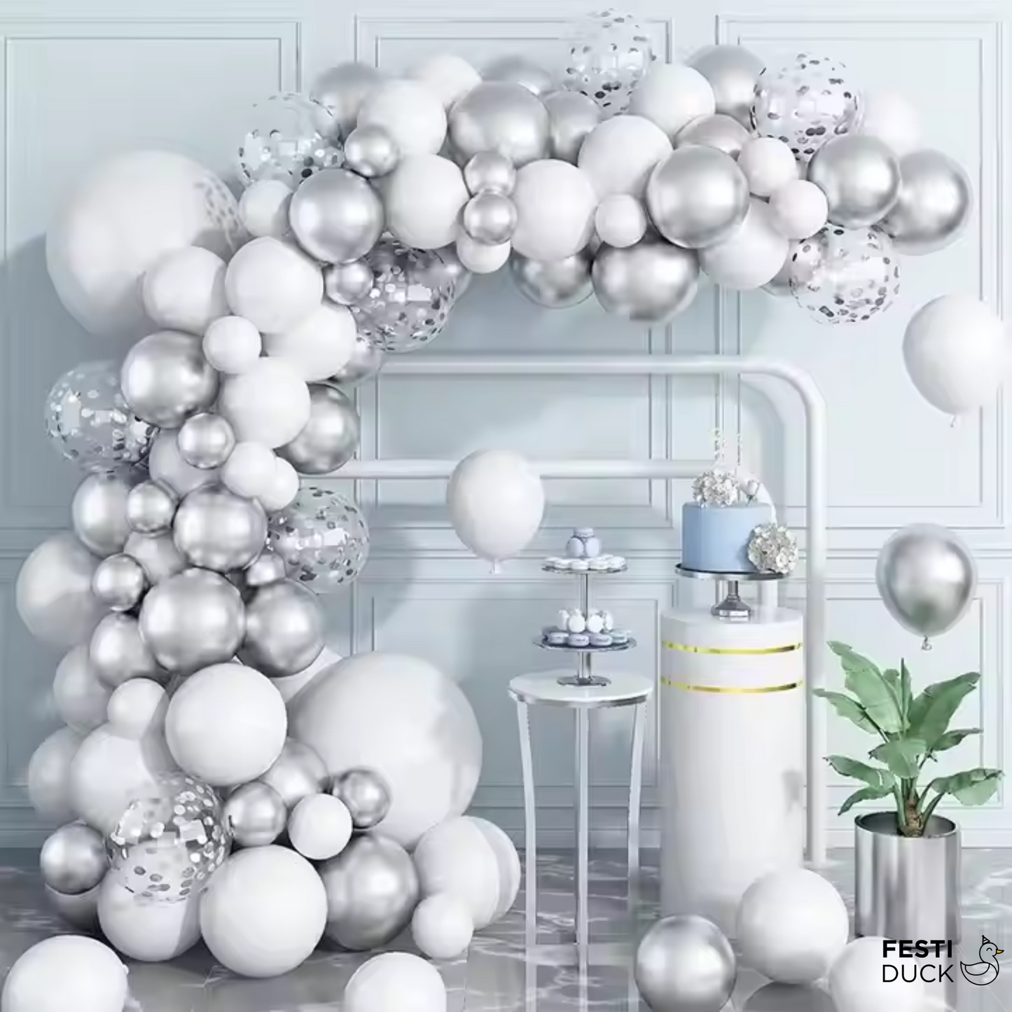 Festi Duck Birthday Balloon Combo Set (80 Pcs) – Silver Chrome, White & Silver Confetti Balloons, Happy Birthday Silver Banner, Balloon Arch & Glue Dot