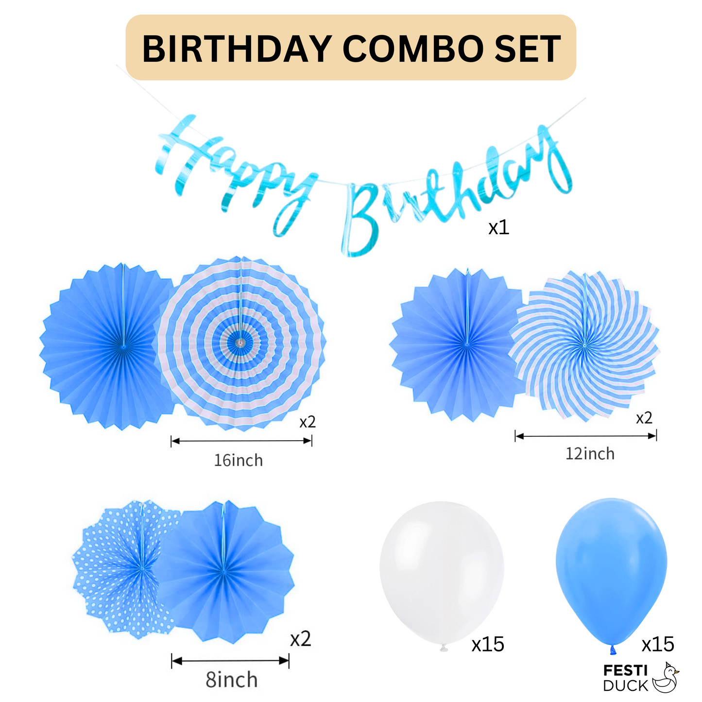 Festi Duck Blue Theme Birthday Decoration (38 pcs) Combo with Paper Fans - Elegant Happy Birthday Banner, Premium Paper Fans, Glue Dots & Metallic Blue and White Balloons