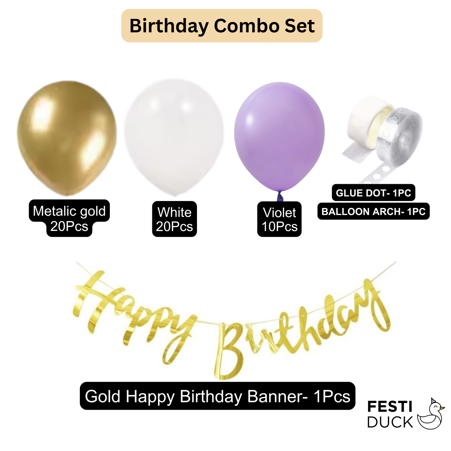 Festi Duck Birthday Balloon Combo Set (53 Pcs) – Metallic Gold, Violet & White Balloons with Happy Birthday Banner, Balloon Arch & Glue Dot for Stunning Party Decorations