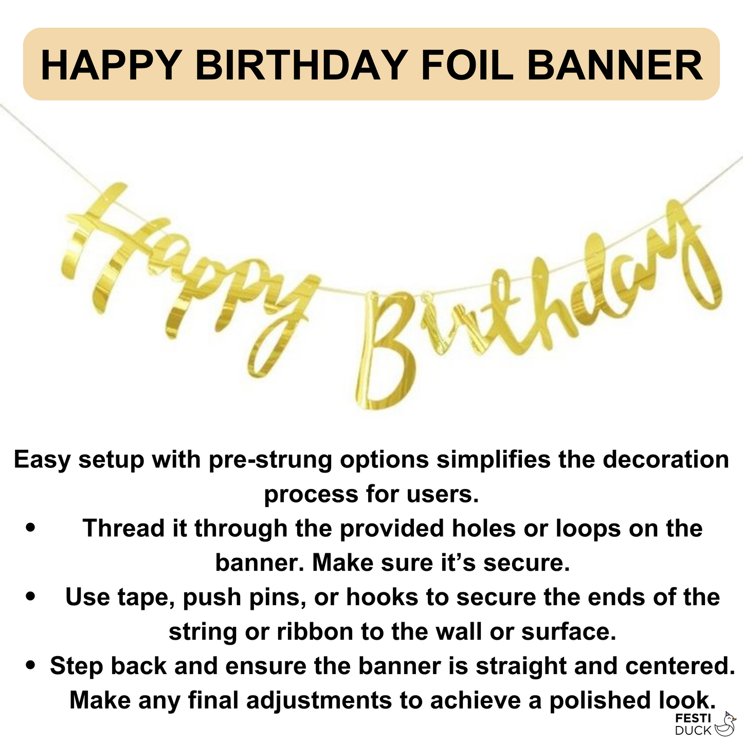 Festi Duck Birthday Balloon Combo Set (53 Pcs) – Metallic Gold, Violet & White Balloons with Happy Birthday Banner, Balloon Arch & Glue Dot for Stunning Party Decorations