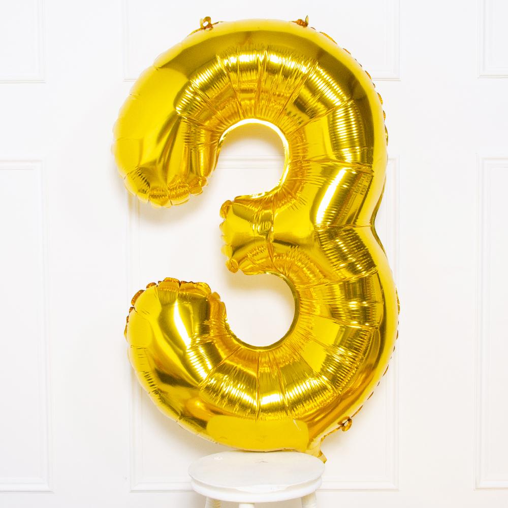 Gold foil number 3 balloon 16 x 40 cm