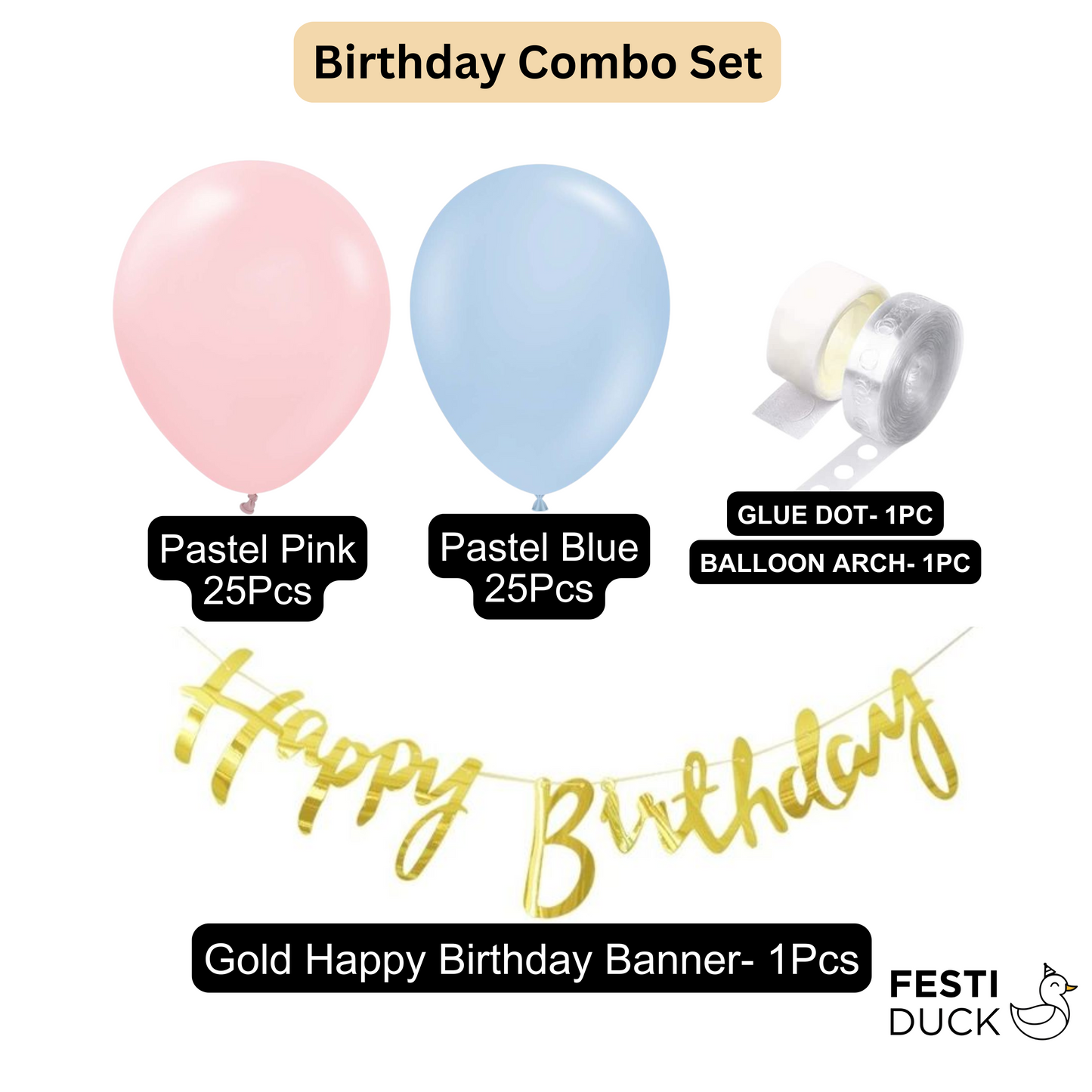 Festi Duck Birthday Balloon Combo Set (53 Pcs) – Pastel Pink & Pastel Blue Balloons with Happy Birthday Banner, Balloon Arch & Glue Dot for Stunning Party Decorations