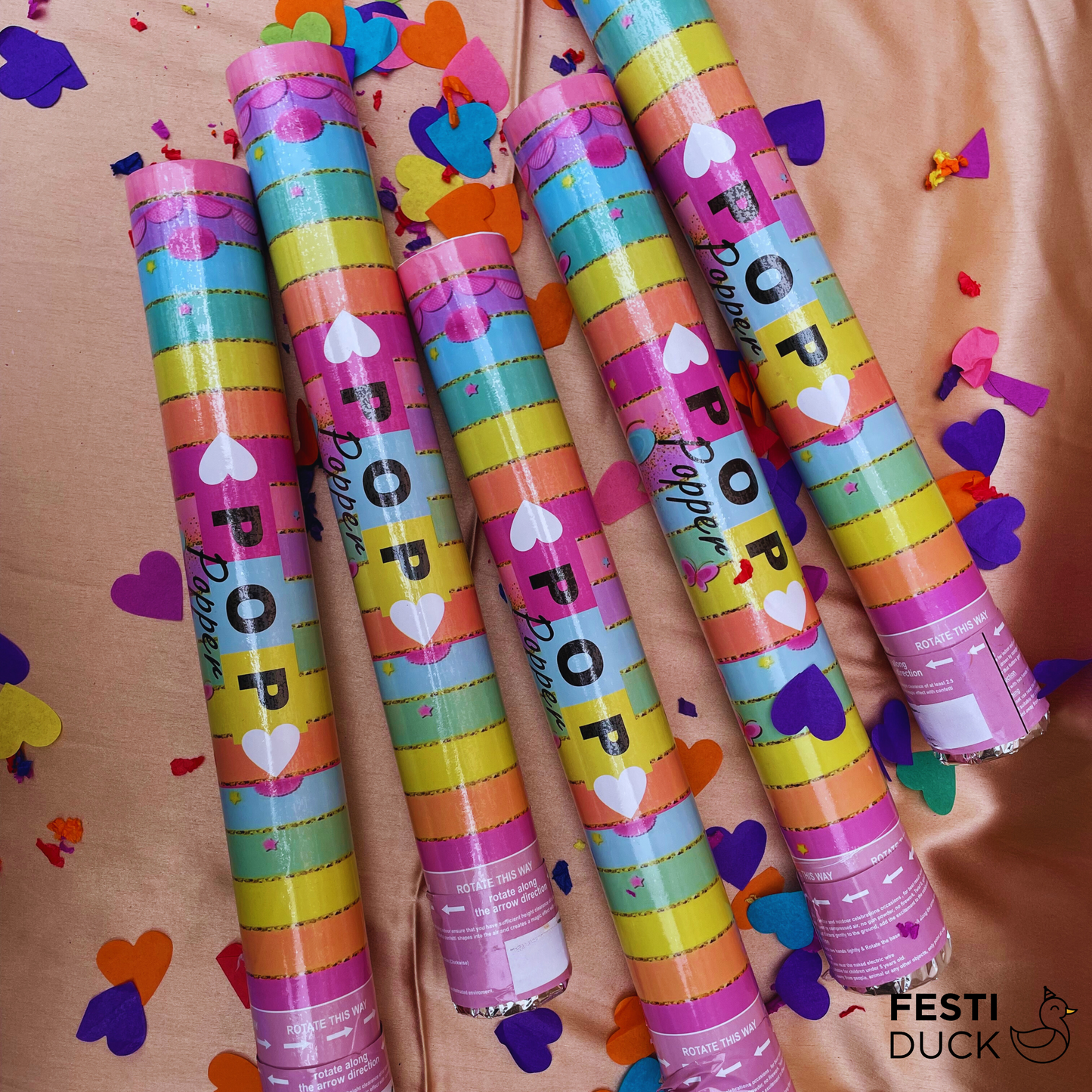 Festi Duck Confetti Poppers - Heart Shaped Multi-Colored Confetti, Pink & Blue Pastel Party Poppers - Pack of 12