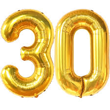 Gold foil number 30 balloon for a 30th birthday, 16 x 40 cm
