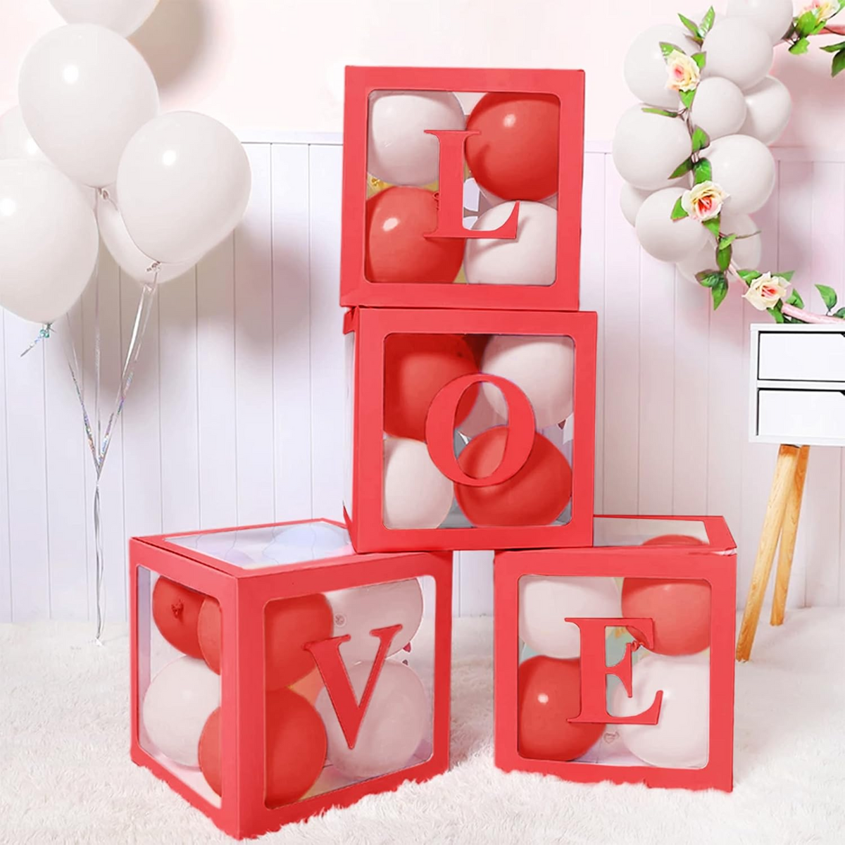 Red LOVE balloon box set with white and red metallic balloons