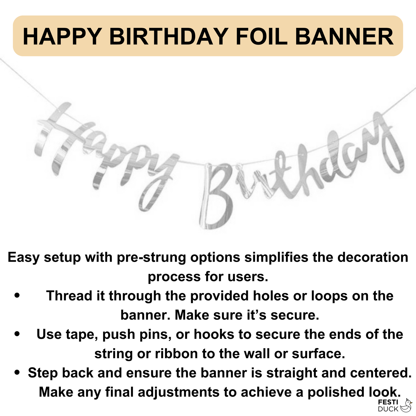 Festi Duck Birthday Balloon Combo Set (53 Pcs) – Silver & White Balloons with Happy Birthday Banner, Balloon Arch & Glue Dot for Stunning Party Decorations