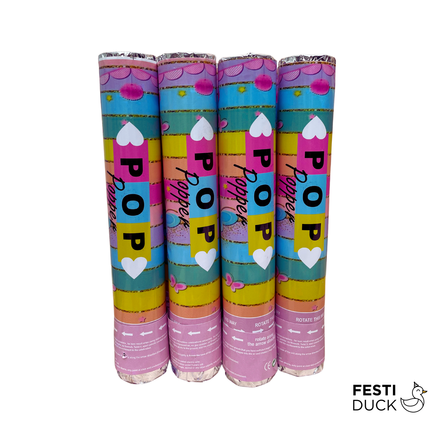 Festi Duck Confetti Poppers - Heart Shaped Multi-Colored Confetti, Pink & Blue Pastel Party Poppers - Pack of 12