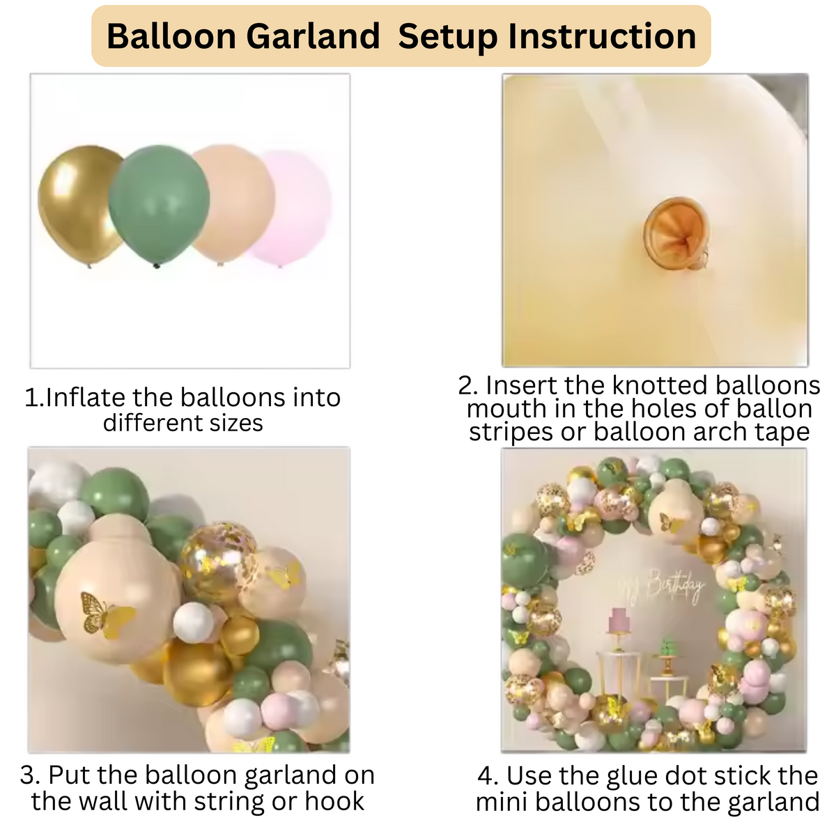 Gold and green balloon arch with Happy Birthday banner