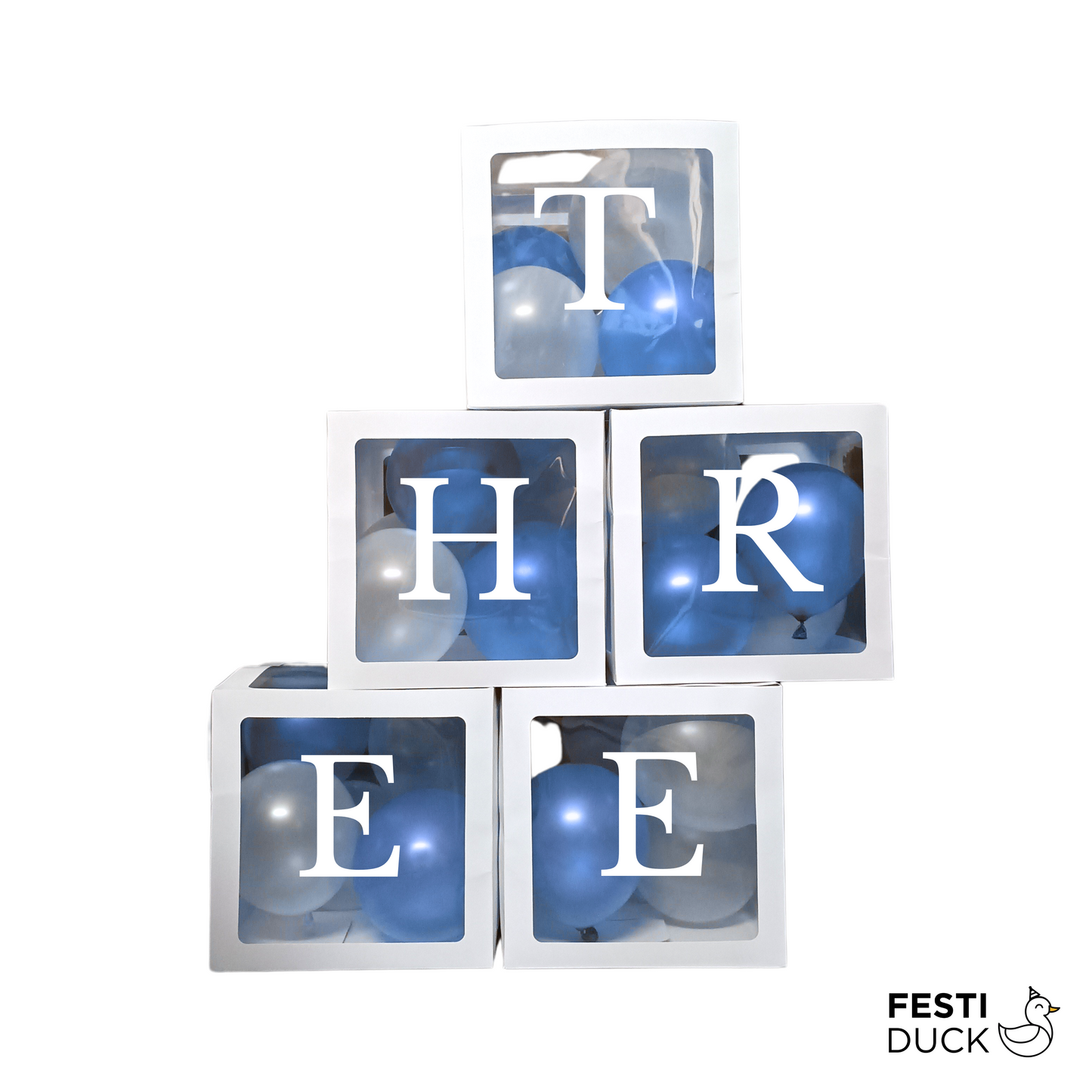 Festi Duck Pack of 5 Balloon Boxes - Transparent White Boxes with “T,” “H,” “R,” “R,” and “E” Letters & 24 Balloons (12 Blue & 12 White) for Elegant 3rd Birthday or Anniversary Décoration