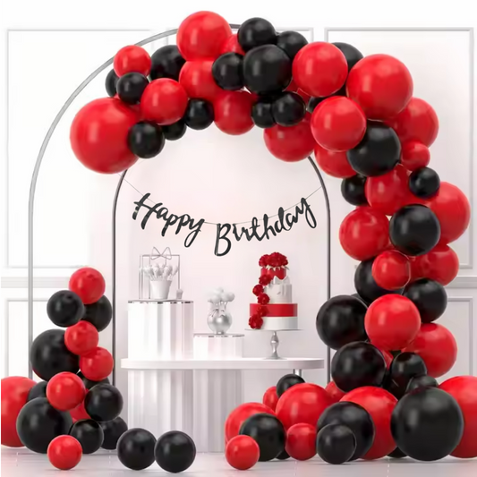 Festi Duck Birthday Balloon Combo Set (75 Pcs) – Black & Red Balloons, Happy Birthday Banner, Balloon Arch & Glue Dots for Stunning Party Decoration