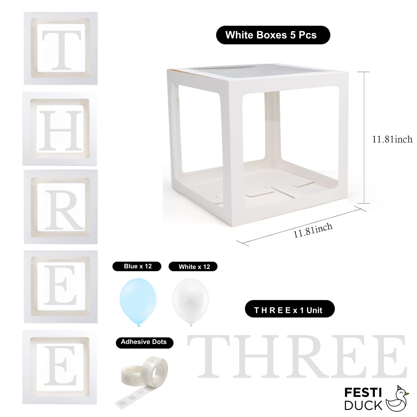 Festi Duck Pack of 5 Balloon Boxes - Transparent White Boxes with “T,” “H,” “R,” “R,” and “E” Letters & 24 Balloons (12 Blue & 12 White) for Elegant 3rd Birthday or Anniversary Décoration