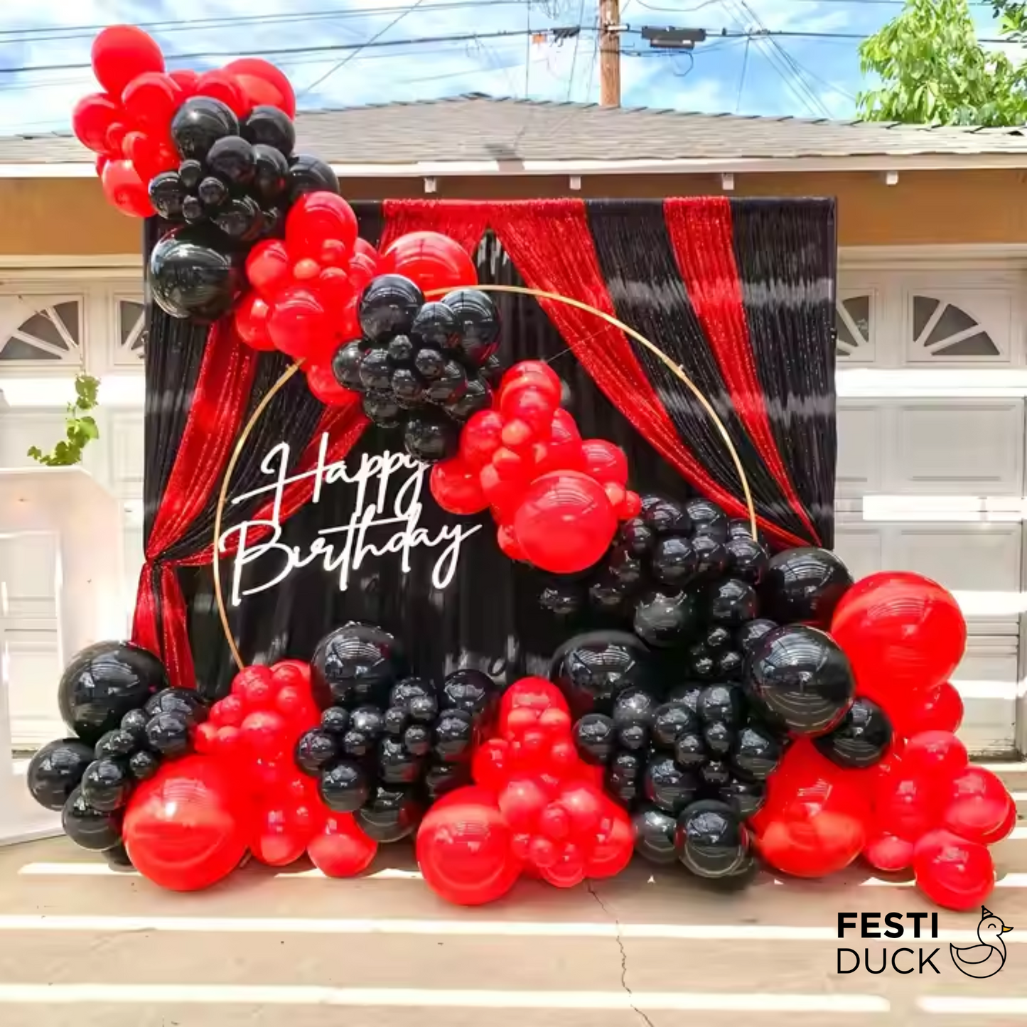 Festi Duck Birthday Balloon Combo Set (75 Pcs) – Black & Red Balloons, Happy Birthday Banner, Balloon Arch & Glue Dots for Stunning Party Decoration