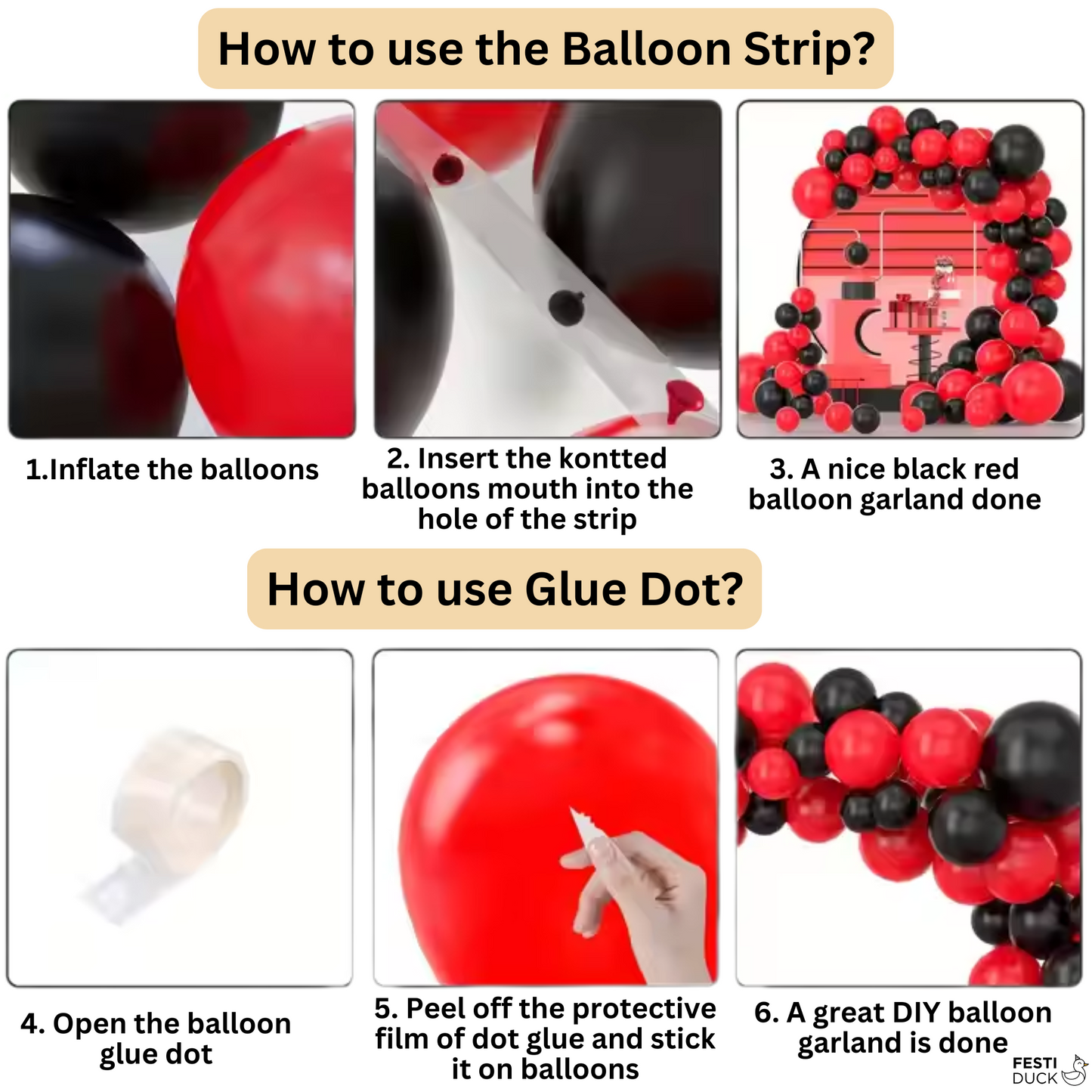 Festi Duck Birthday Balloon Combo Set (75 Pcs) – Black & Red Balloons, Happy Birthday Banner, Balloon Arch & Glue Dots for Stunning Party Decoration