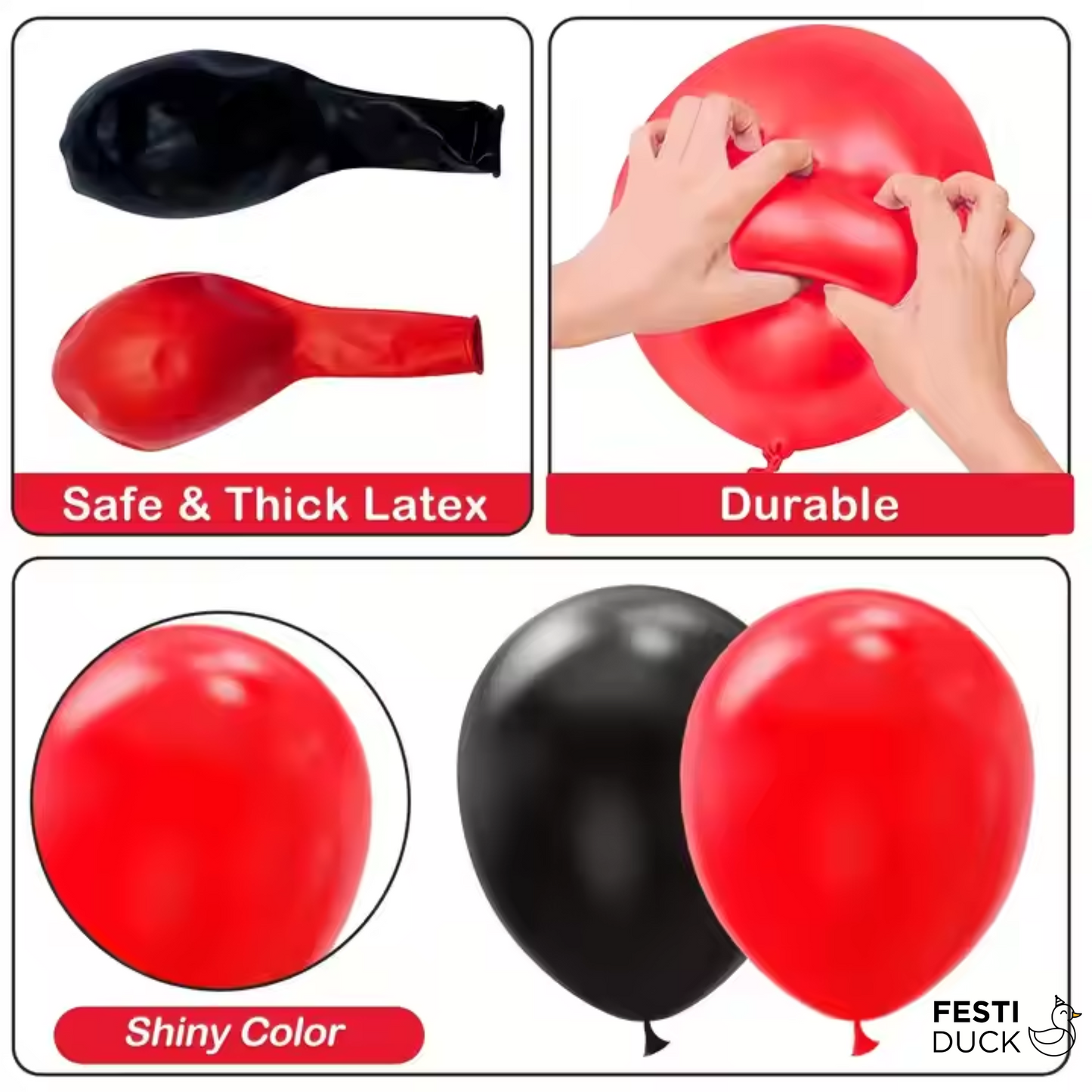 Festi Duck Birthday Balloon Combo Set (75 Pcs) – Black & Red Balloons, Happy Birthday Banner, Balloon Arch & Glue Dots for Stunning Party Decoration