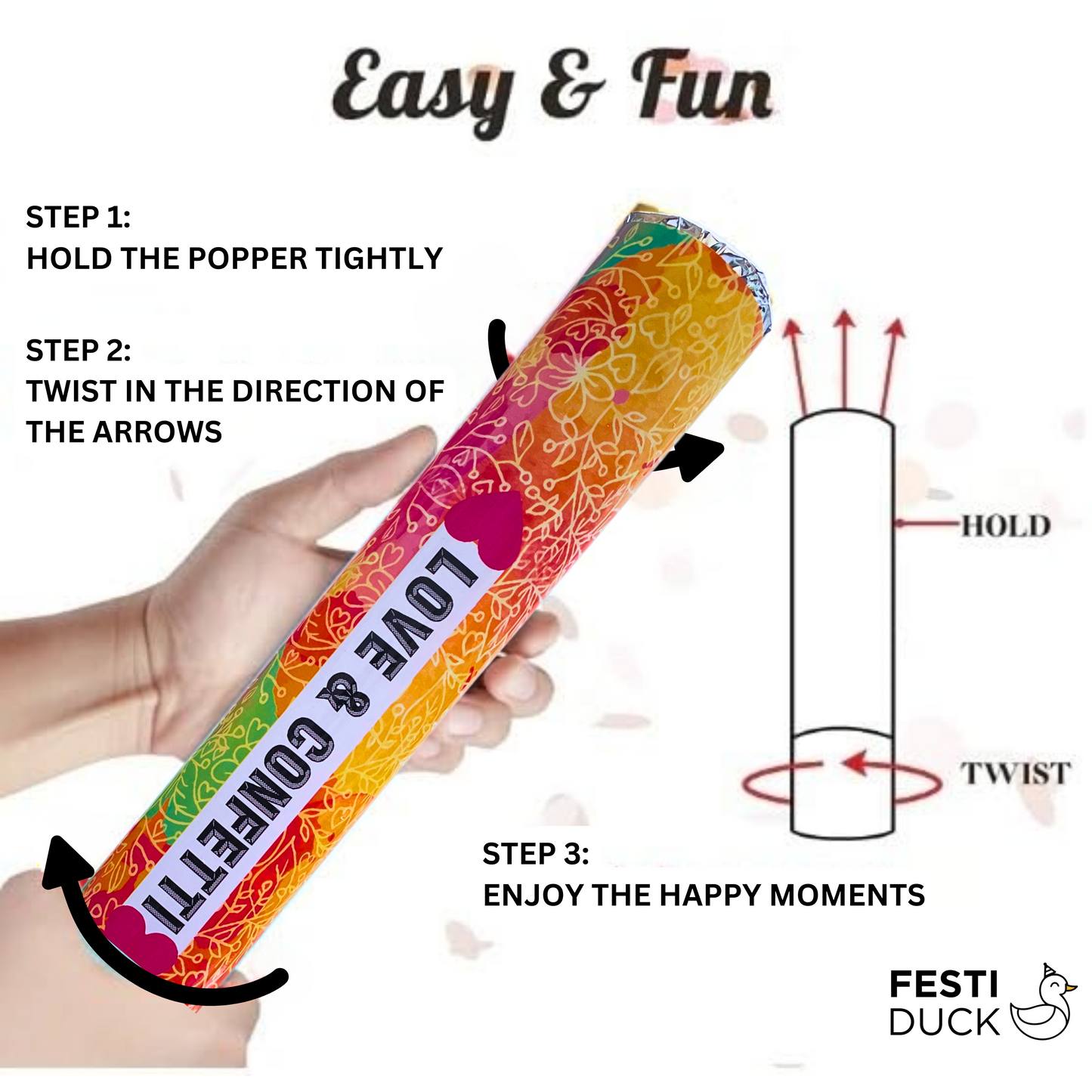Festi Duck Confetti Poppers (12 Pcs) – 30cm Heart Confetti, Pastel Packaging – Perfect for Weddings, Birthdays, and Party Celebrations