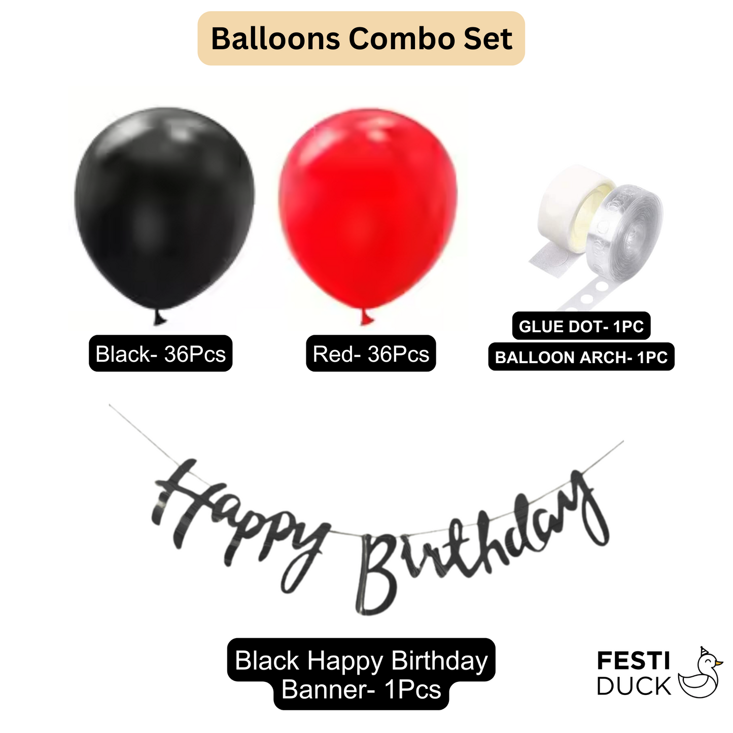 Festi Duck Birthday Balloon Combo Set (75 Pcs) – Black & Red Balloons, Happy Birthday Banner, Balloon Arch & Glue Dots for Stunning Party Decoration