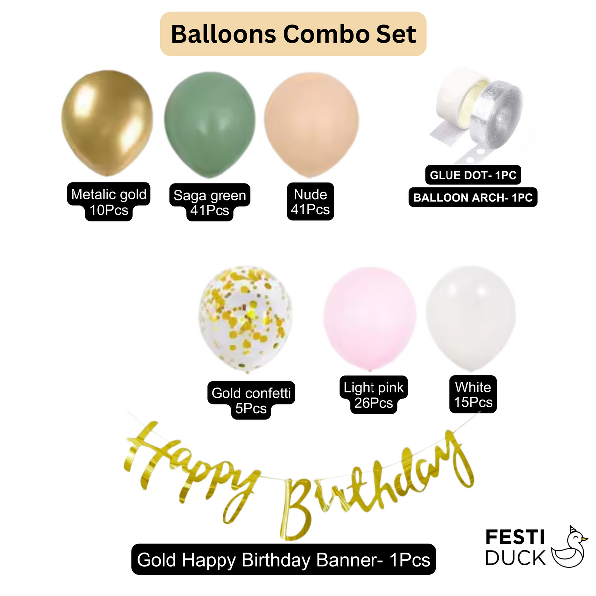 Contents of the 130-piece gold and green balloon arch kit